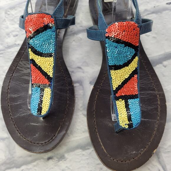 Diane von Furstenberg DVF Blue T-strap Sequin Colorblock Sandal size 6 1/2 - Picture 4 of 16